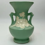 Weller Pottery 6 1/2" Green Vase White Rose Flower Cameo Double Handles 40S Vtg. Fixed Price $35.00.