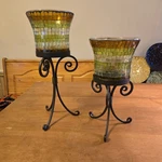 Set Of 2 Partylite Amber Green Mosaic Glass & Iron Global Fusion Candle Holders. Fixed Price $65.00.